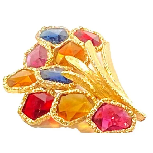 CAPRI Faceted Glass Brooch Bright Gold Tone Modern Multicolor Flower Spray VTG